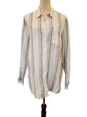 GAP Women's Striped Shirt 100% Linen Boyfriend Fit Off-white & blue/gray